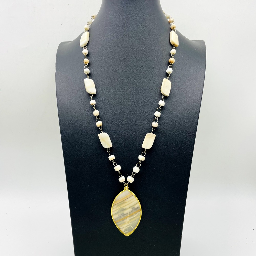 Black White Beaded Necklace Gold Tone Teardrop Pendant Long Statement Jewelry